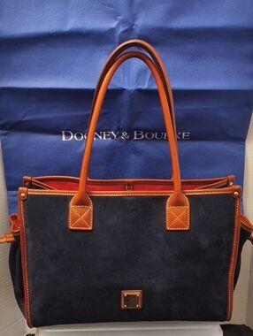 Dooney & Bourke Navy Suede Tote with Tan Leather Trim